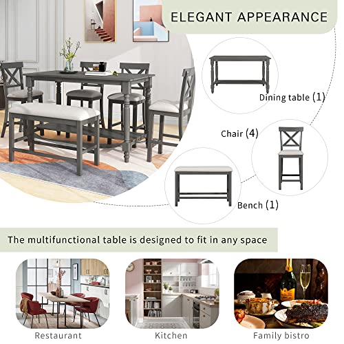 6-Piece Counter Height Table with Shelf 4 Chairs and Bench Gray L99259
