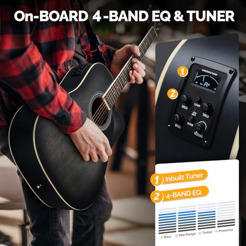 Full Size 6 Strings Acoustic Electric Guitar with Inbuilt Tuner, Bag, Strap, Picks, Strings, Basswood, Matte Distressed Black Q45113