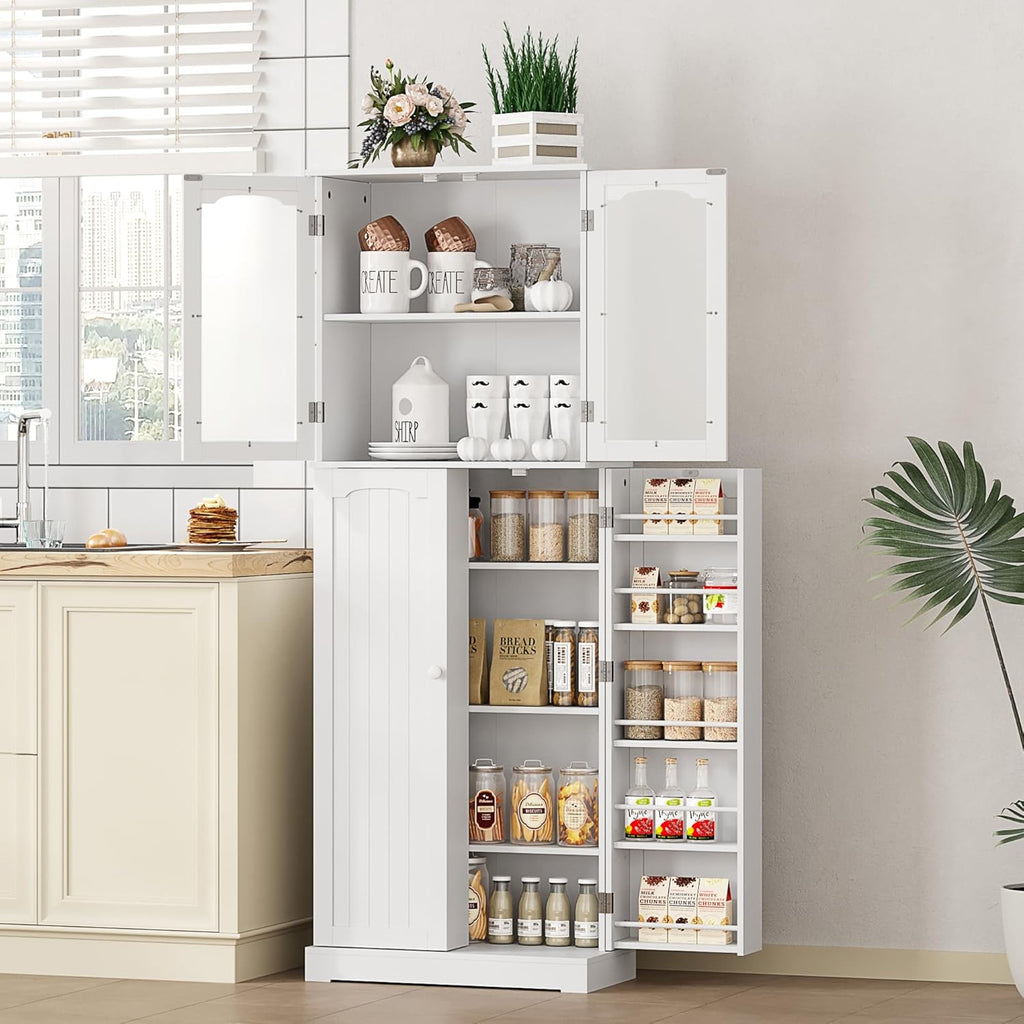 White Tall Kitchen Pantry Cabinet with Glass Doors G226