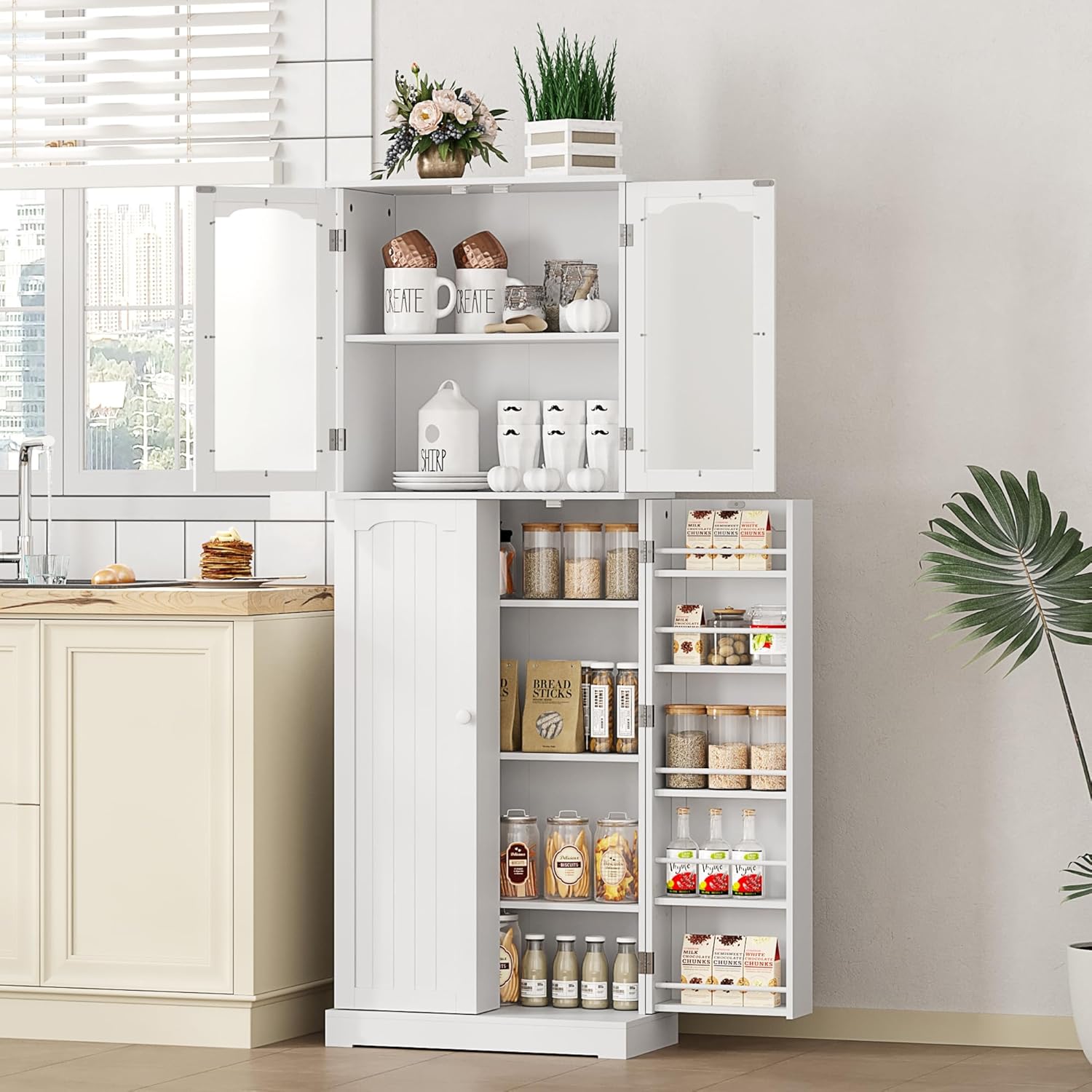 White Tall Kitchen Pantry Cabinet with Glass Doors G226