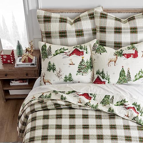 King/Cal King Red Green Brown White Cotton Reversible Quilt Set with Two King Pillow Shams A926389