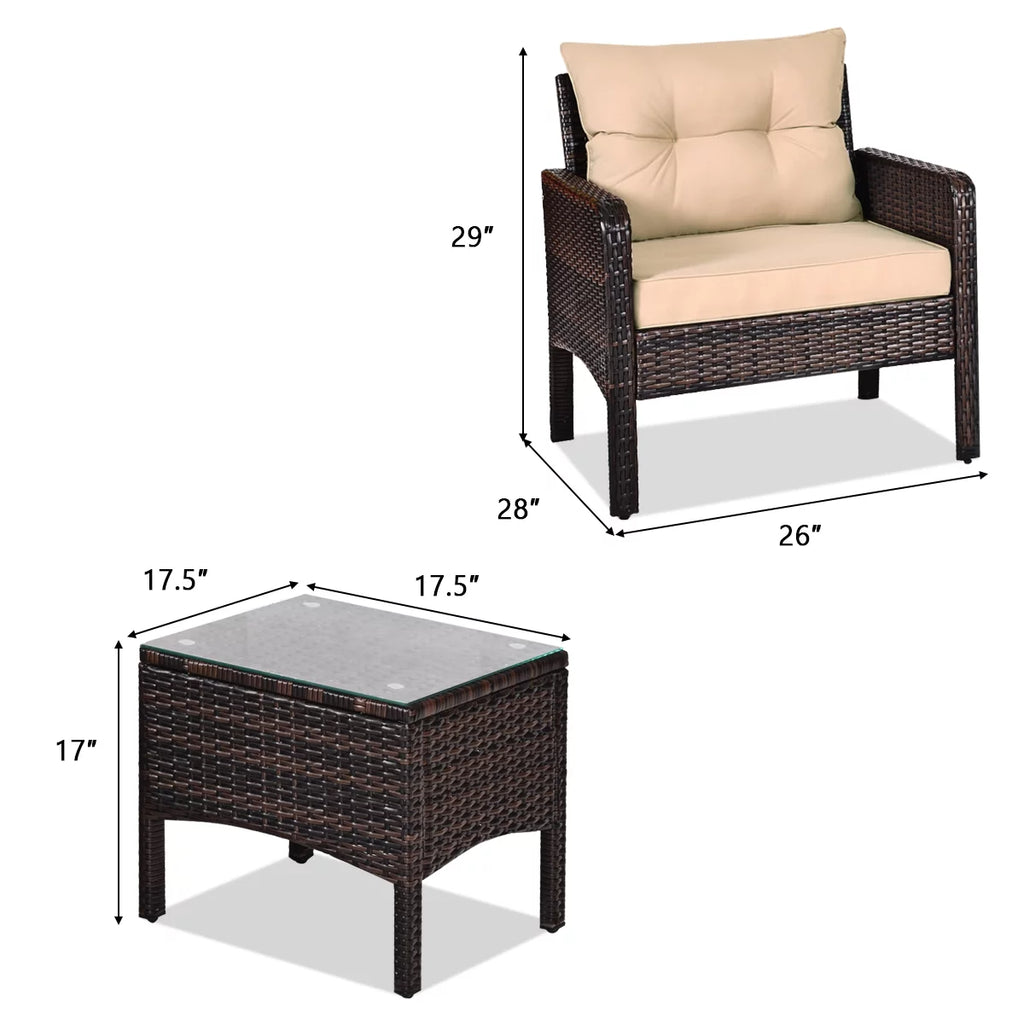 Brown 3PCS Patio Outdoor Rattan Furniture Set with Cushioned Chairs Coffee Table Q873