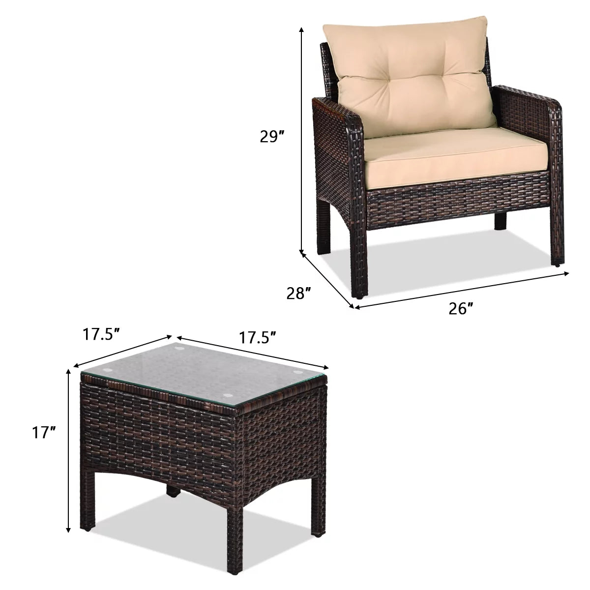 Brown 3PCS Patio Outdoor Rattan Furniture Set with Cushioned Chairs Coffee Table Q873