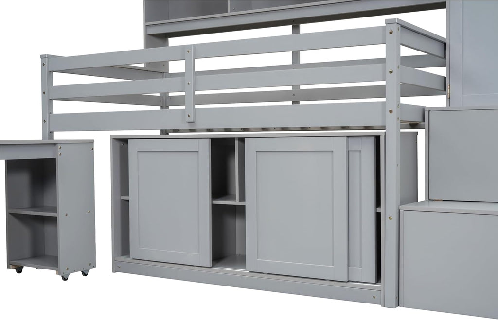 Gray Twin Size Loft Bed with Removable Desk Storage Stairs Wardrobe Eight Top Shelves Two Sliding Door Cabinets W385