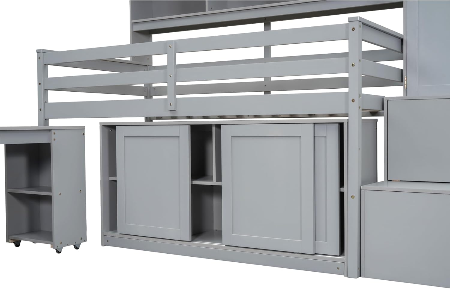 Gray Twin Size Loft Bed with Removable Desk Storage Stairs Wardrobe Eight Top Shelves Two Sliding Door Cabinets W385