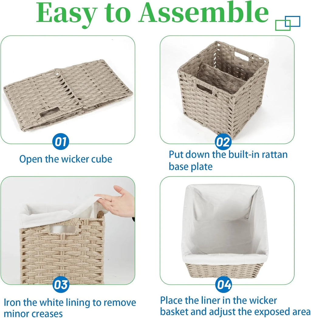 4-Pack Hand-Woven Imitation Wicker Cube Storage Bins with Liners Greyish Beige N202