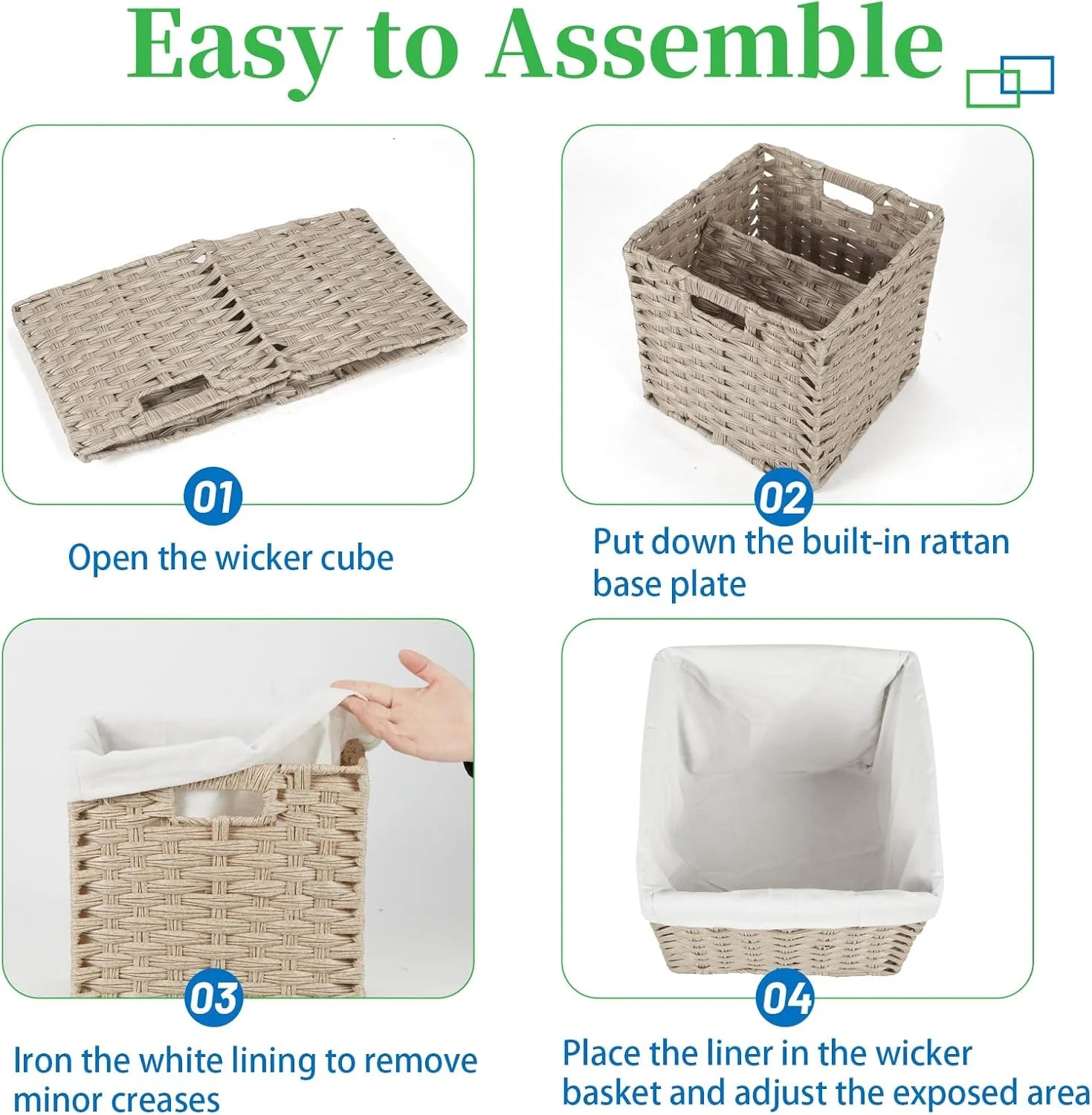 4-Pack Hand-Woven Imitation Wicker Cube Storage Bins with Liners Greyish Beige N202