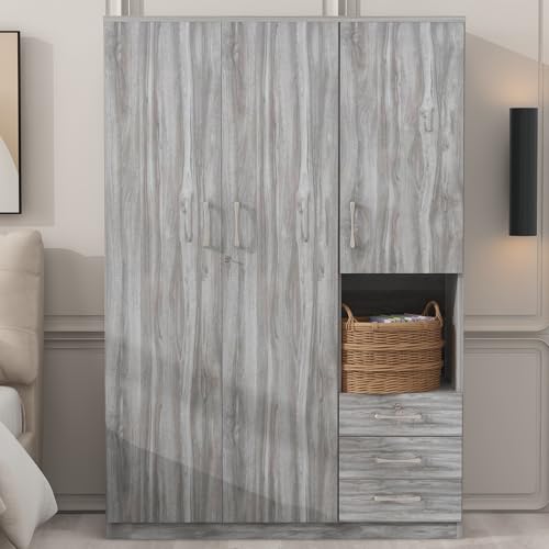 Grey 3 Door Wooden Wardrobe Closet with Drawers and Hanging Rail X2355