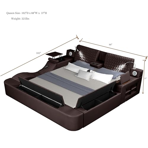 Queen Size Leather Bed Frame with Massage Recliner and Storage Space (Gray) Q98056