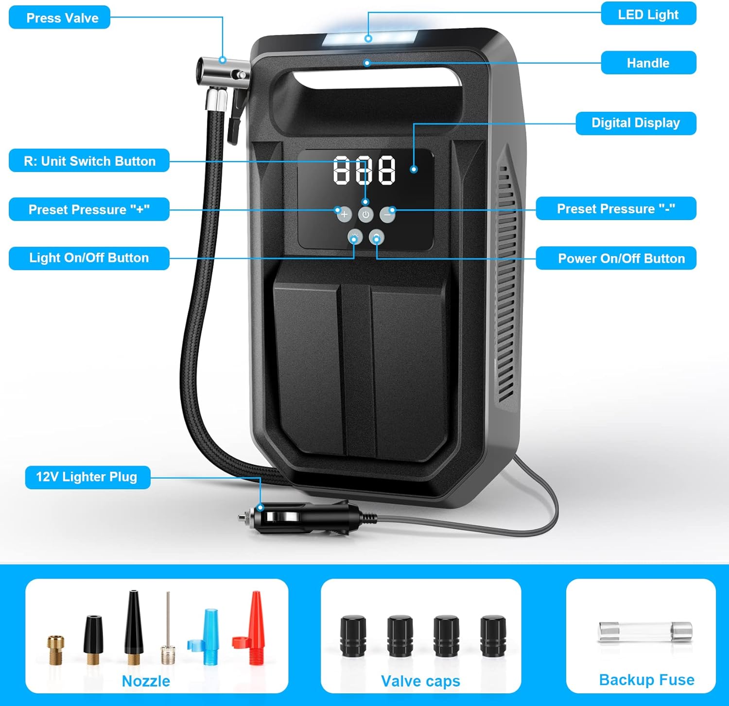 Portable 12V DC Air Compressor with Digital Display I382130