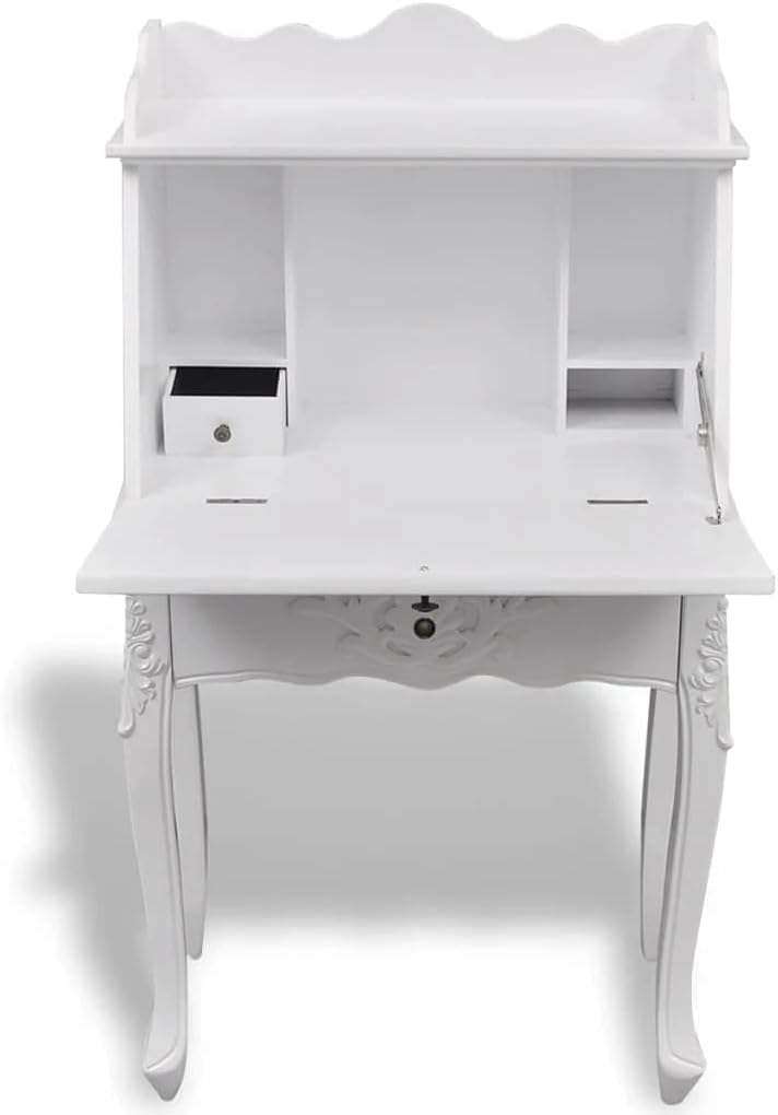 White Carved Wooden Secretary Desk L264232
