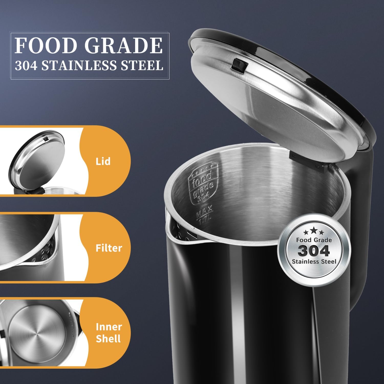 1.7 Liter Electric Kettle with High Borosilicate Glass and 304 Stainless Steel Interior E9304