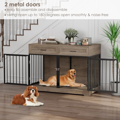 White Wooden Dog Crate with Removable Divider and 2 Storage Drawers H839564