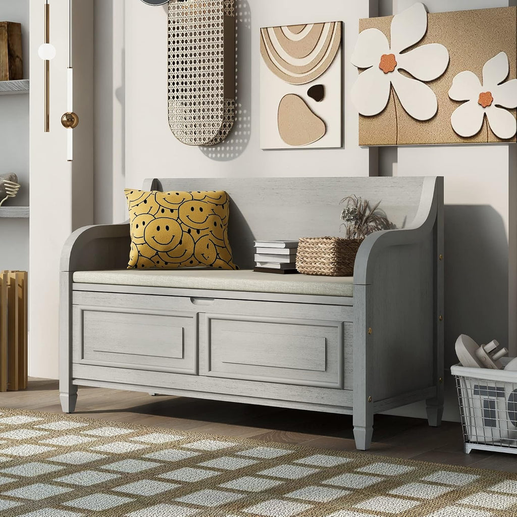 Rustic Storage Bench with Backrest and Hidden Storage, Gray Wash+Beige I28424