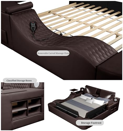 Queen Size Leather Bed Frame with Massage Recliner and Storage Space (Gray) Q98056