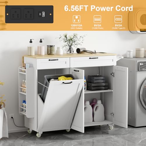 Rolling Kitchen Island with Power Outlet & Drop Leaf, Trash Storage Cabinet, Spice Rack & Towel Rack, Knife Holder Y445764