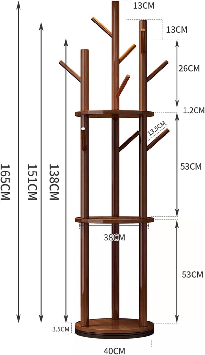 Walnut Wooden Freestanding Coat Rack with 3 Shelves and 9 Hooks L3636