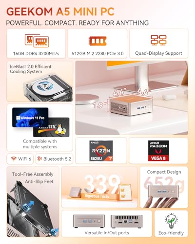 AMD Ryzen 7 5825U Mini PC, 16GB RAM, 512GB M.2 NVMe SSD, Windows 11 Pro B853