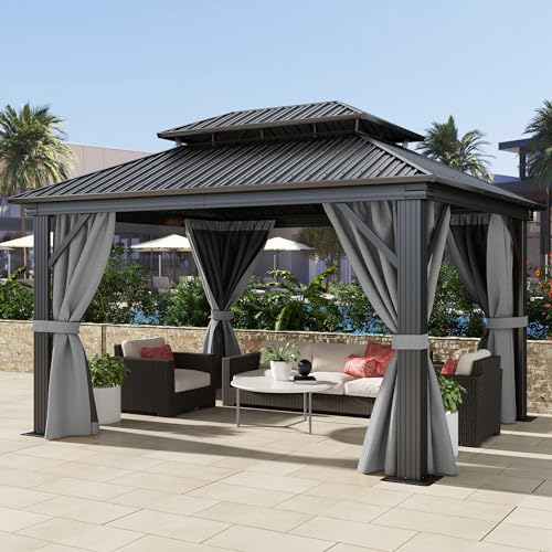 10x12ft Hardtop Gazebo with Nettings and Curtains, Galvanized Steel, Brown Q327860