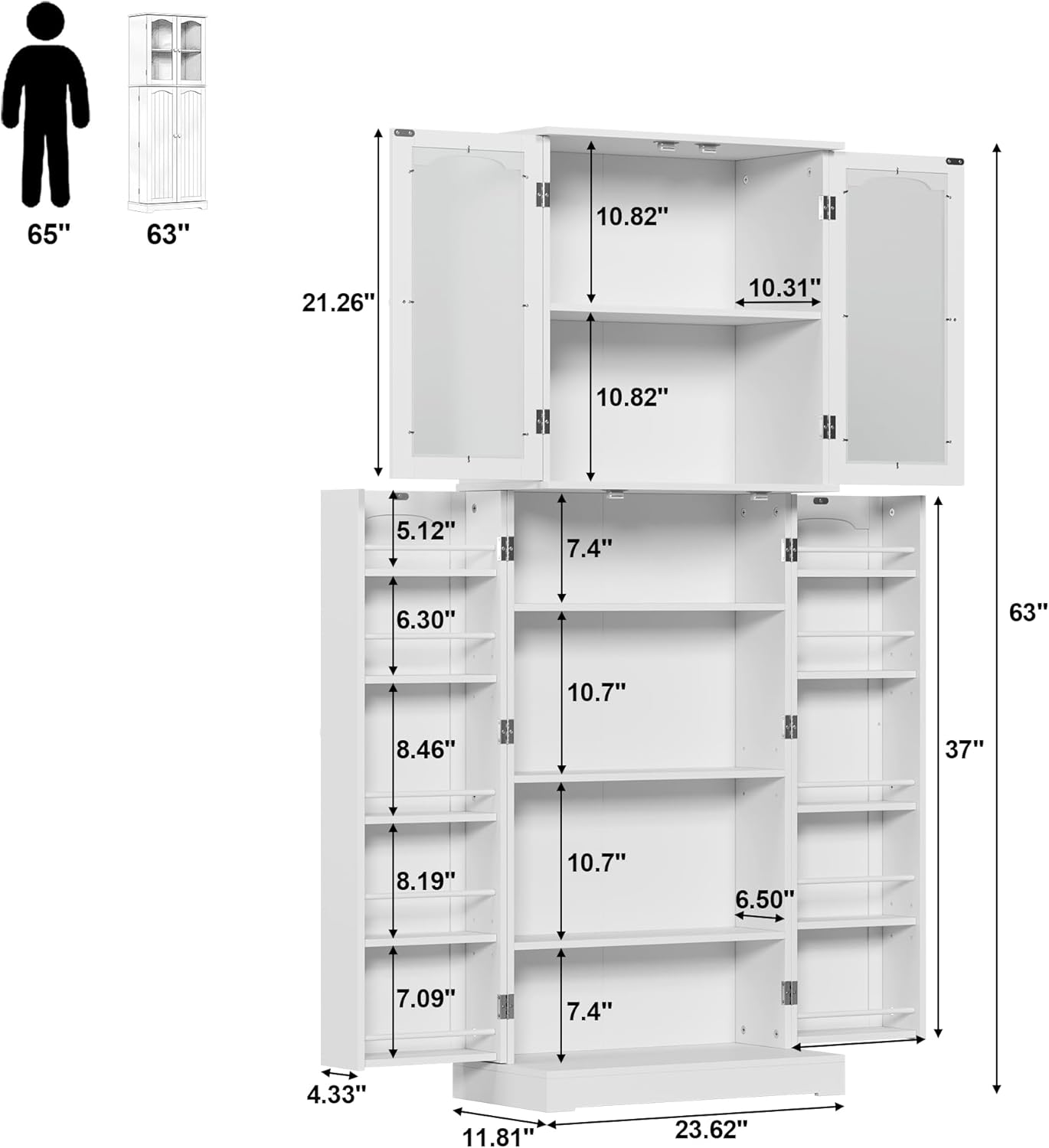 White Tall Kitchen Pantry Cabinet with Glass Doors G226
