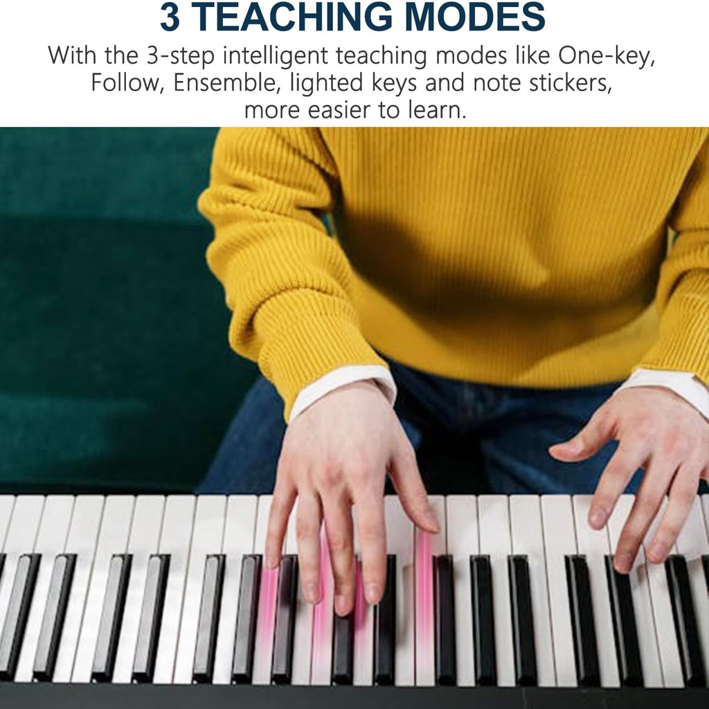 61 Key Portable Electronic Keyboard Piano with Lighted Full Size Keys, LCD, Headphones, X-Stand, Stool, Music Rest, Microphone, Note Stickers, Built-In Speakers, 3 Teaching Modes S6767