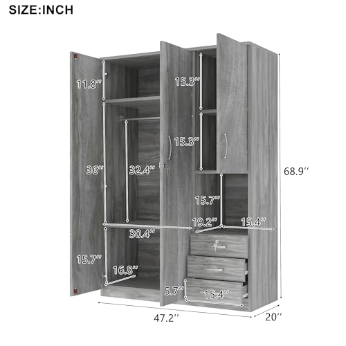 Grey 3 Door Wooden Wardrobe Closet with Drawers and Hanging Rail X2355