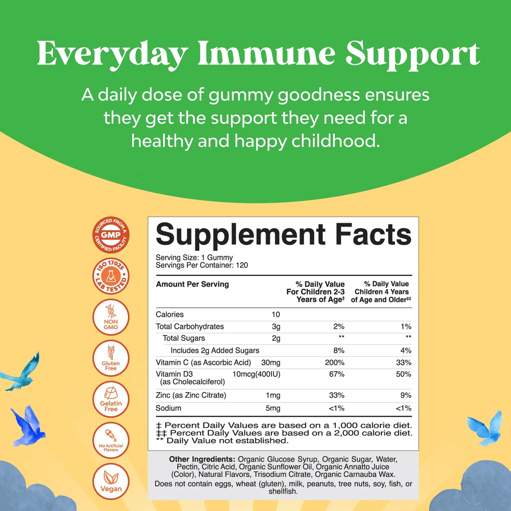 Organic Kids Immune Support Gummies - Vegan Organic Vitamin D Gummies with Vitamin C and Zinc - Gluten Free & Non GMO (120 Servings) R956910