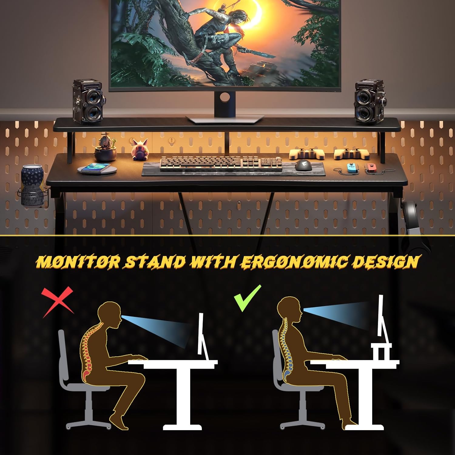 Gaming Desk with Power Outlets & Music Strip Lights, Large Monitor Stand Z617