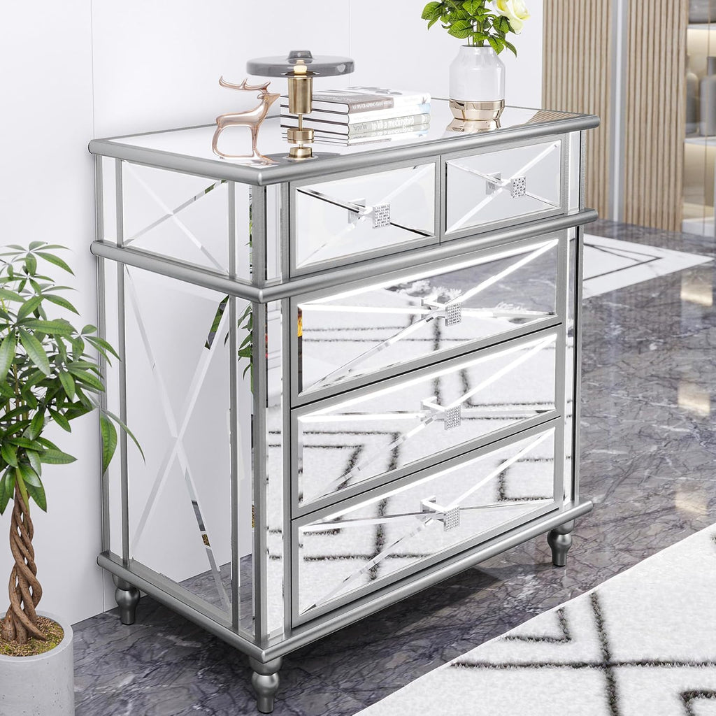 Silver Mirrored 5 Drawer Dresser with Wood Legs Z217