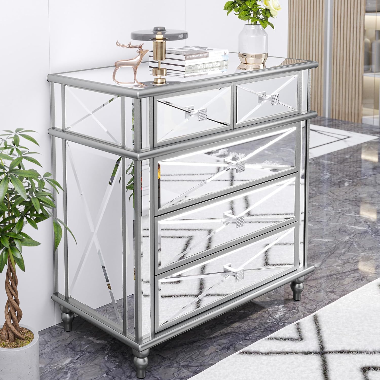 Silver Mirrored 5 Drawer Dresser with Wood Legs Z217