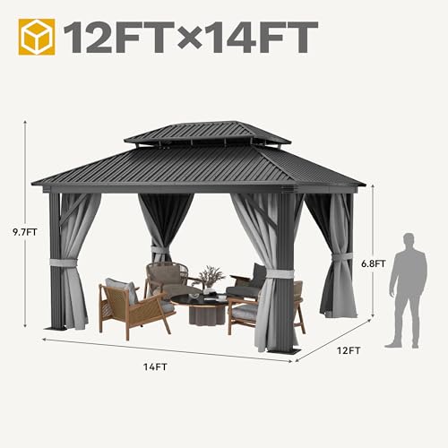 10x12ft Hardtop Gazebo with Nettings and Curtains, Galvanized Steel, Brown Q327860
