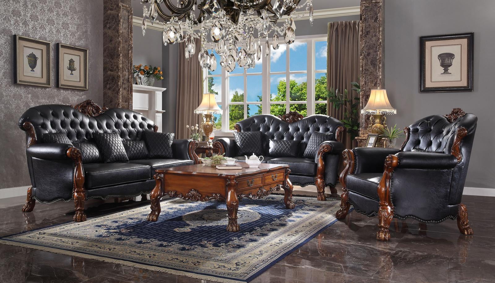 Cherry Oak Black PU Dresden Sofa Set 3 P K262282