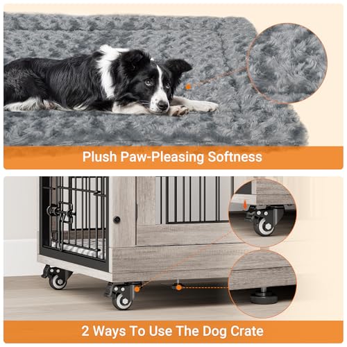 Grey Wooden Dog Crate 32'' with Cushion & Wheels Double Doors Q8314