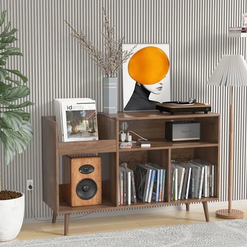 Mid-Century Record Player Stand with Vinyl Record Cabinet and Power Outlet K957669