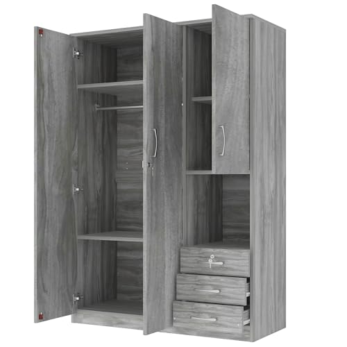 Grey 3 Door Wooden Wardrobe Closet with Drawers and Hanging Rail X2355
