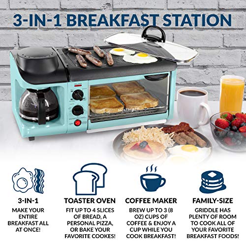 Retro 3-in-1 Breakfast Station, Coffeemaker, Toaster Oven, Griddle, Aqua Z956