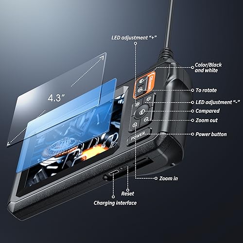 Endoscope Camera with 4.3" IPS Screen, 1920P HD, 16.4FT Semi-Rigid Cord, IP67 Waterproof (Orange) B36321