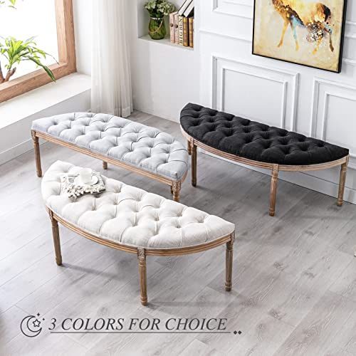 Beige Upholstered Half Moon Bench with Rubberwood Legs J4879