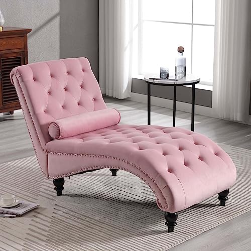 Pink Velvet Button Tufted Chaise Lounge Chair with Lumbar Pillow S7115