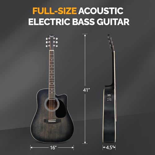 Full Size 6 Strings Acoustic Electric Guitar with Inbuilt Tuner, Bag, Strap, Picks, Strings, Basswood, Matte Distressed Black Q45113