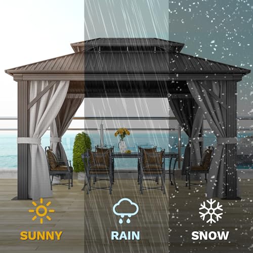 10x12ft Hardtop Gazebo with Nettings and Curtains, Galvanized Steel, Brown Q327860