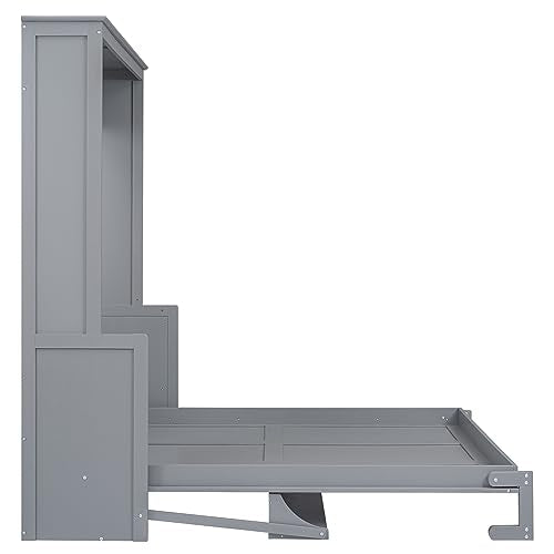 White Queen Size Murphy Bed with Storage Shelves and LED Lights Z8760