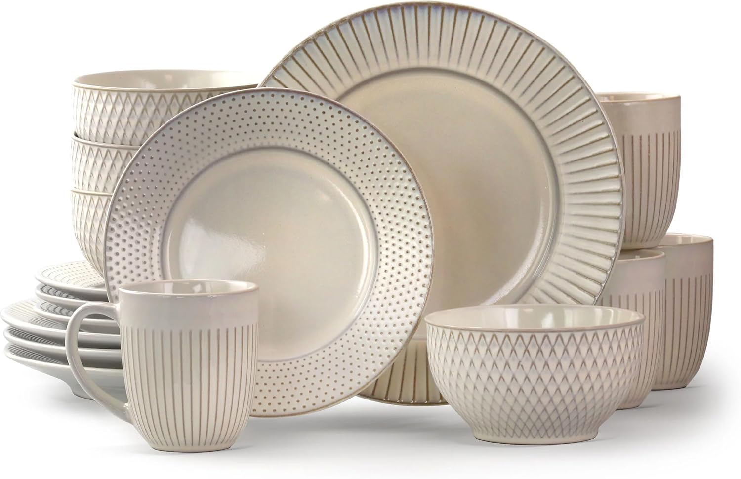 16 Piece Round Stoneware Dinnerware Set in Embossed White O994
