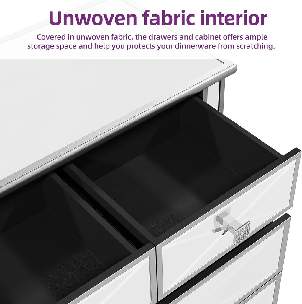 Silver Mirrored 5 Drawer Dresser with Wood Legs Z217