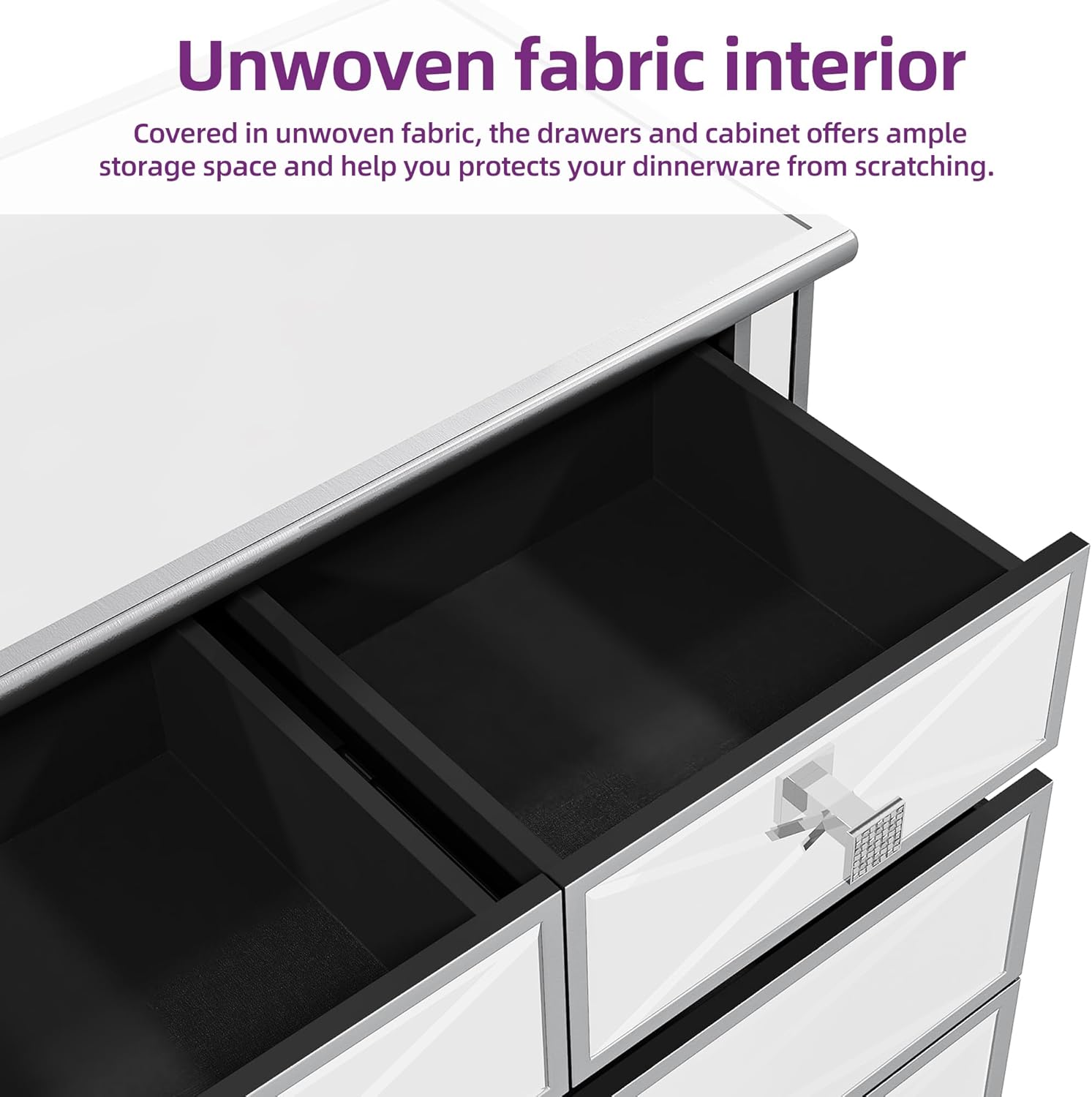 Silver Mirrored 5 Drawer Dresser with Wood Legs Z217