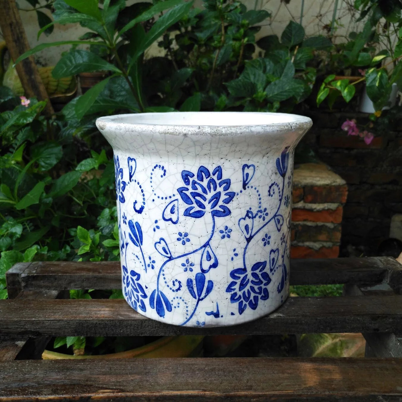 Blue and White Ceramic Flower Print Planter with Flared Lip P35311