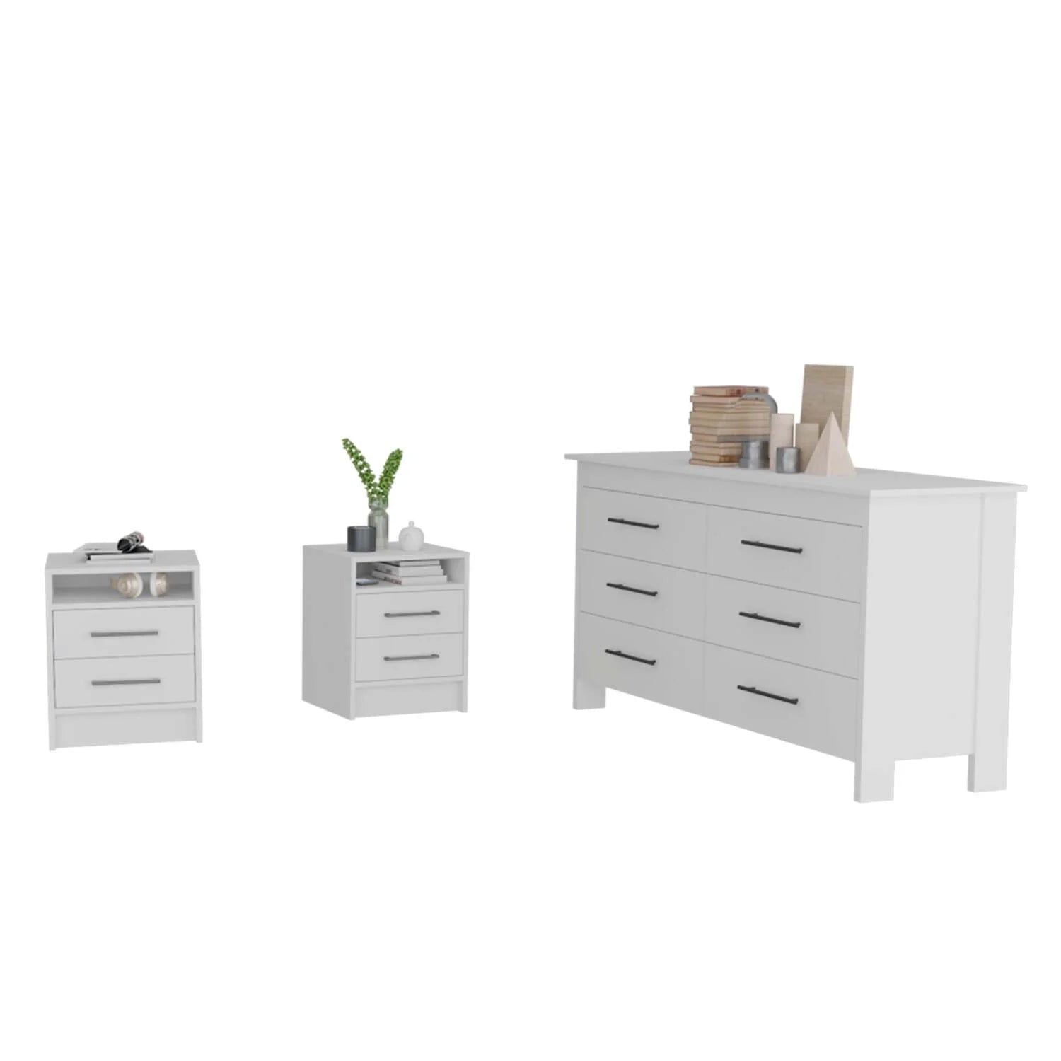 3-Piece Bedroom Set with Double Drawer Dresser and 2 Nightstands, White H24595