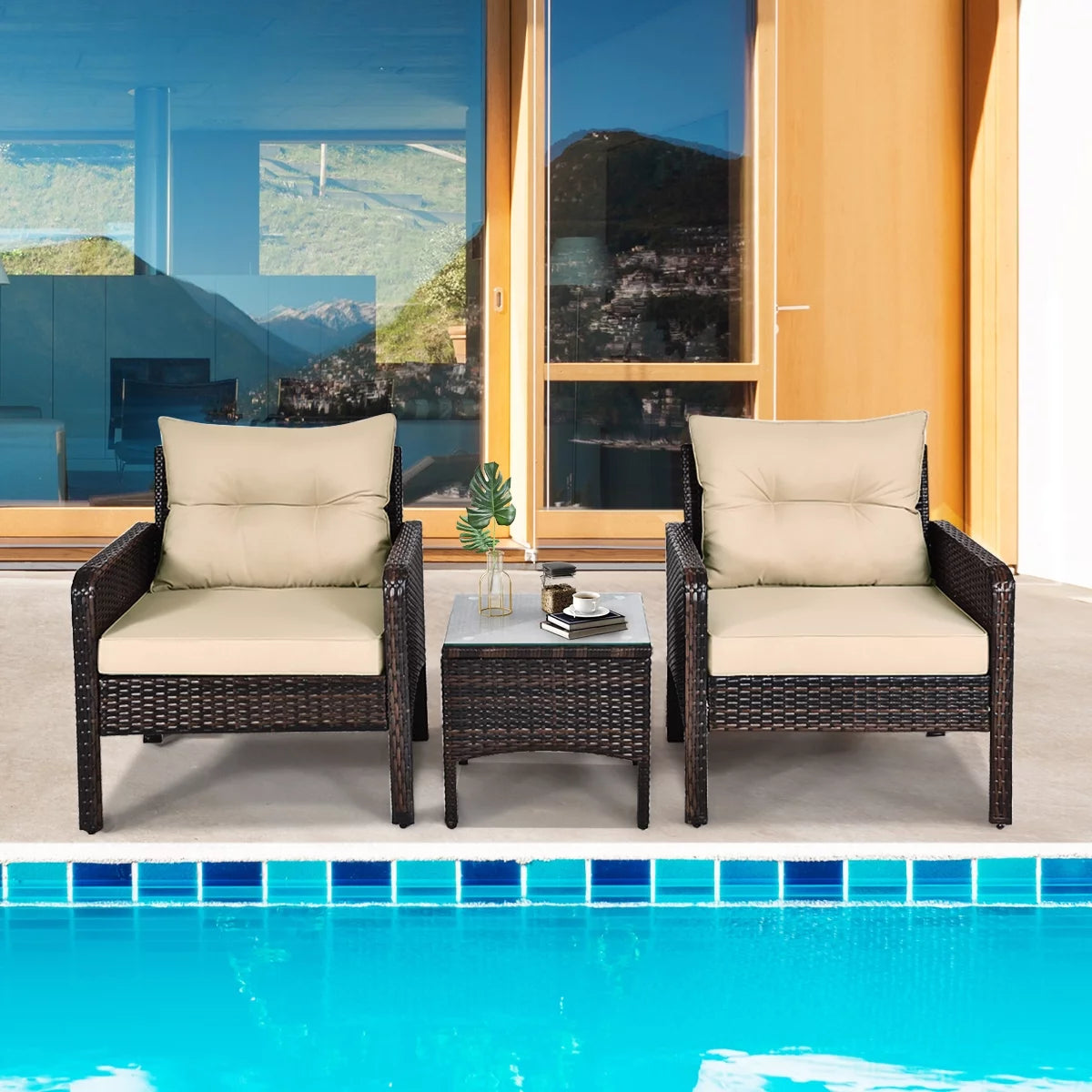 Brown 3PCS Patio Outdoor Rattan Furniture Set with Cushioned Chairs Coffee Table Q873