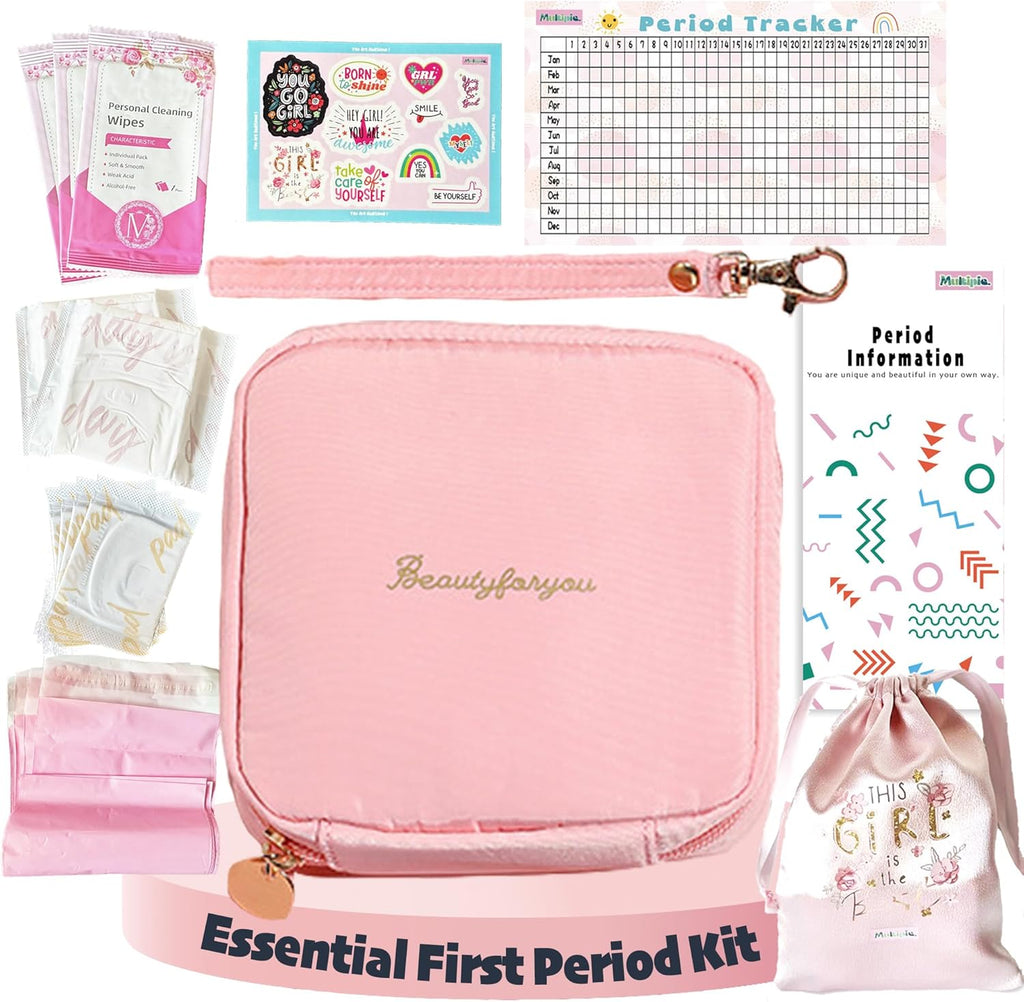 First Period Kit with Sanitary Pad Storage Bag, Wipes, Period Tracker M9410
