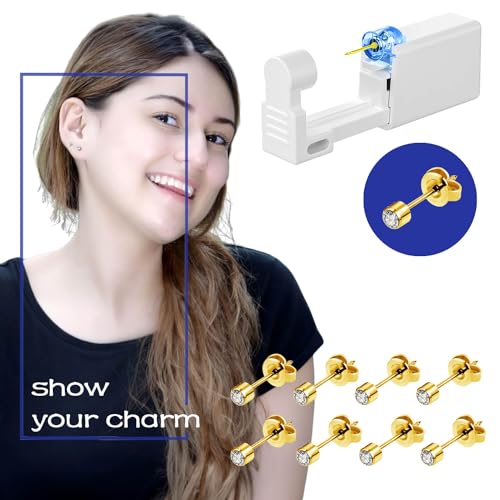 24Pcs Premium Ear Piercing Kit with 8 CZ Diamond Earrings and 8 Self Ear Piercing Gun E689783